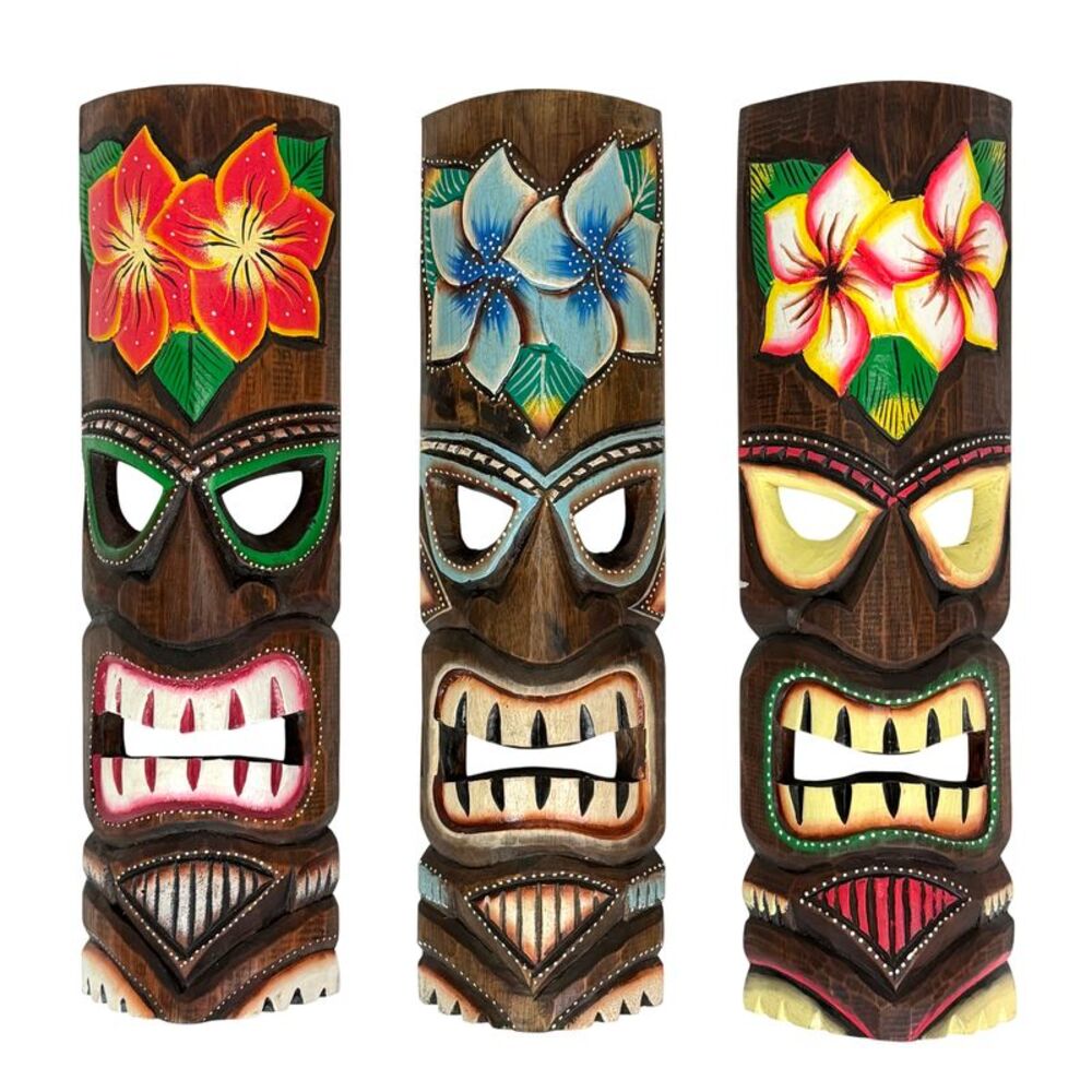 Hand Carved Wooden Tiki Mask Wall Sculptures Set of 3 Tropical 19 Inch